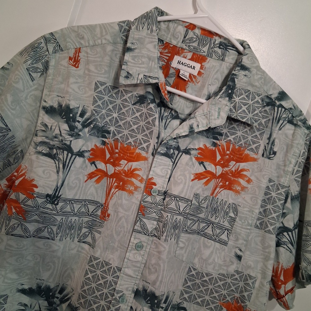 Haggar Button Up Shirt Men L Blue Orange Palm Tree Tropical Beach Vacation Vibe
